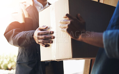 Buy stock photo Woman, man and front door with package, delivery or ecommerce service for logistics, sale or cargo at house. Girl, box and hands for supply chain, customer experience or courier for mail at apartment