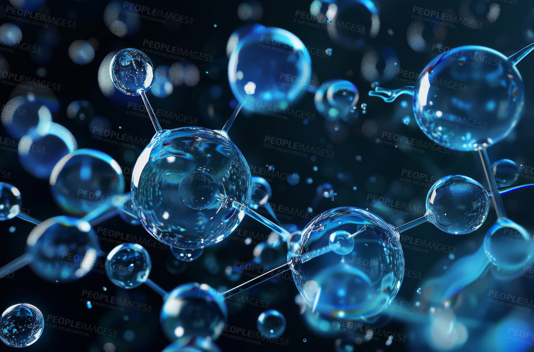 Buy stock photo Water, molecule and atom for genetic or science with futuristic development in biology. Dna, chemistry and nucleotide with cells or rna for virus or disease on research, biomolecule and particles