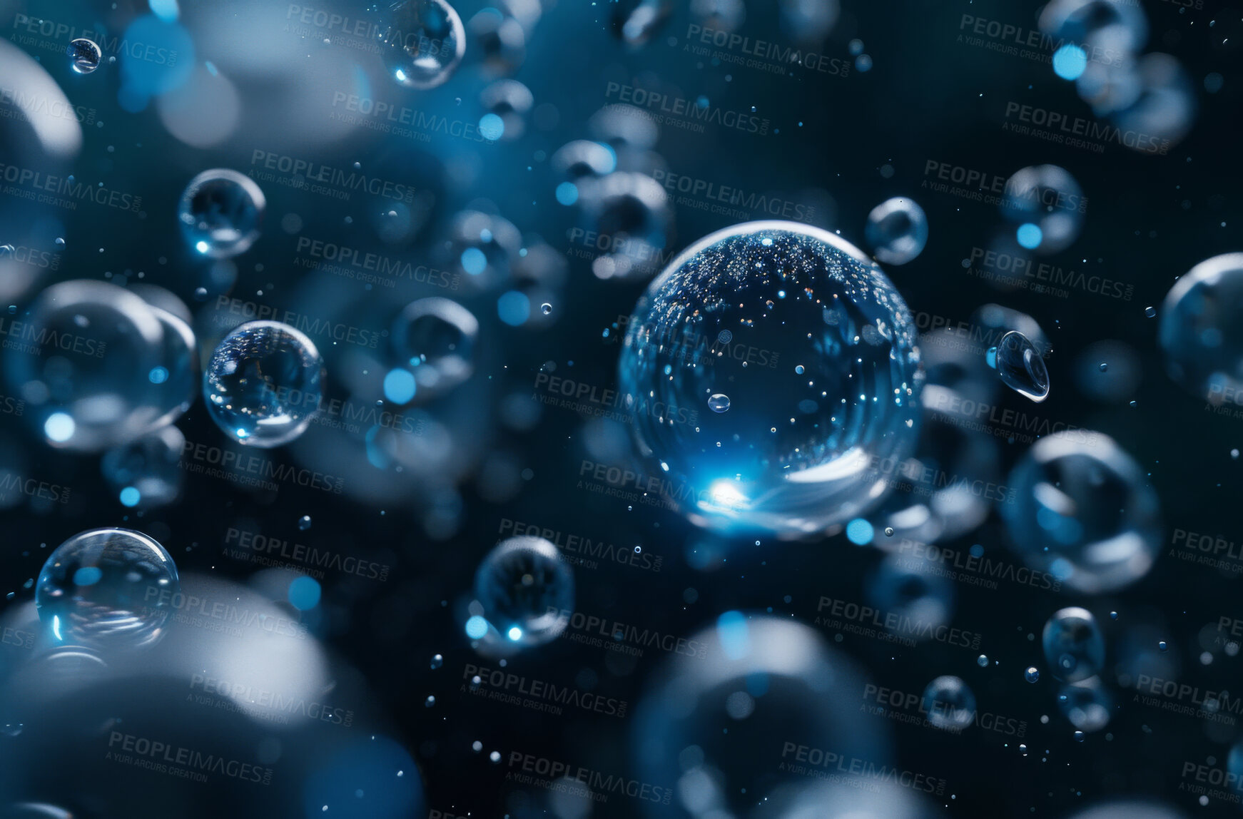 Buy stock photo Liquid, molecule and atom for futuristic science with genetic, development and biology. Dna, chemistry and nucleotide with cells or rna for virus or disease on research, biomolecule and particles