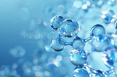 Buy stock photo Blue, particles and atom for genetic or science with futuristic development in biology. Dna, chemistry and nucleotide with cells or rna for virus or disease on research, biomolecule and molecules