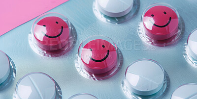 Pills, medicine and drugs for mental health, depression and anxiety with smiley face for healing and happiness. Medication, supplements and healthcare for medical help, serotonin booster or treatment