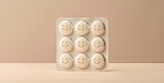 Happy, pills and mental health depression as tablet for mood stabilizers, drugs or brown background. Faces, smile and positivity for anxiety disorder with supplement or bipolar, treatment or mockup