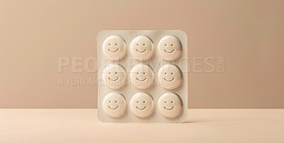 Happy, pills and mental health depression as tablet for mood stabilizers, drugs or brown background. Faces, smile and positivity for anxiety disorder with supplement or bipolar, treatment or mockup
