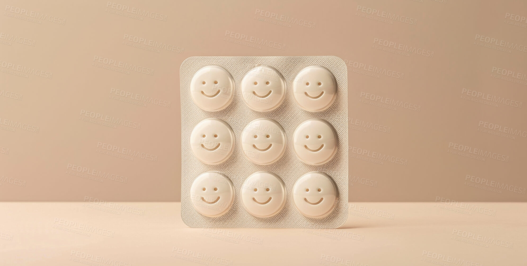 Buy stock photo Happy, pills and mental health depression as tablet for mood stabilizers, drugs or brown background. Faces, smile and positivity for anxiety disorder with supplement or bipolar, treatment or mockup