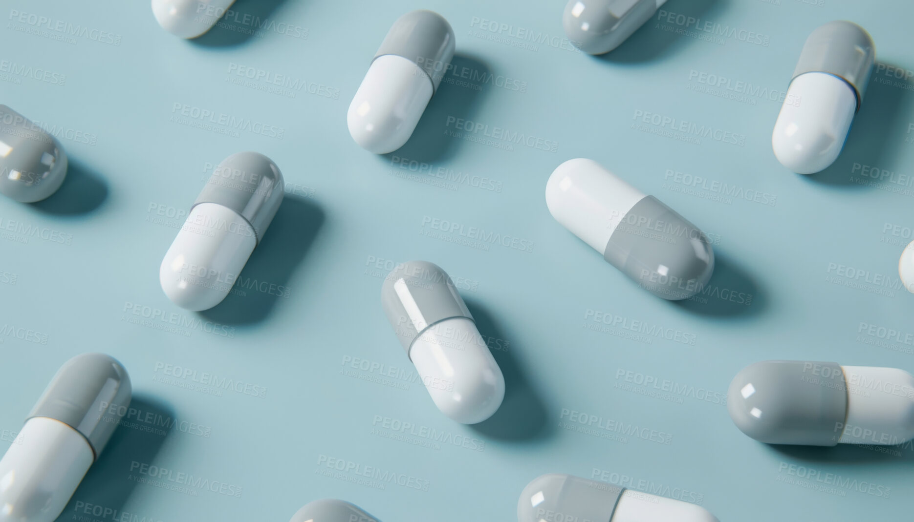 Buy stock photo Pills, capsule and medicine for gene editing, longevity and biohacking for anti aging supplements. Healthcare, medical help and dose for tissue engineering, care and nanotechnology for life extension