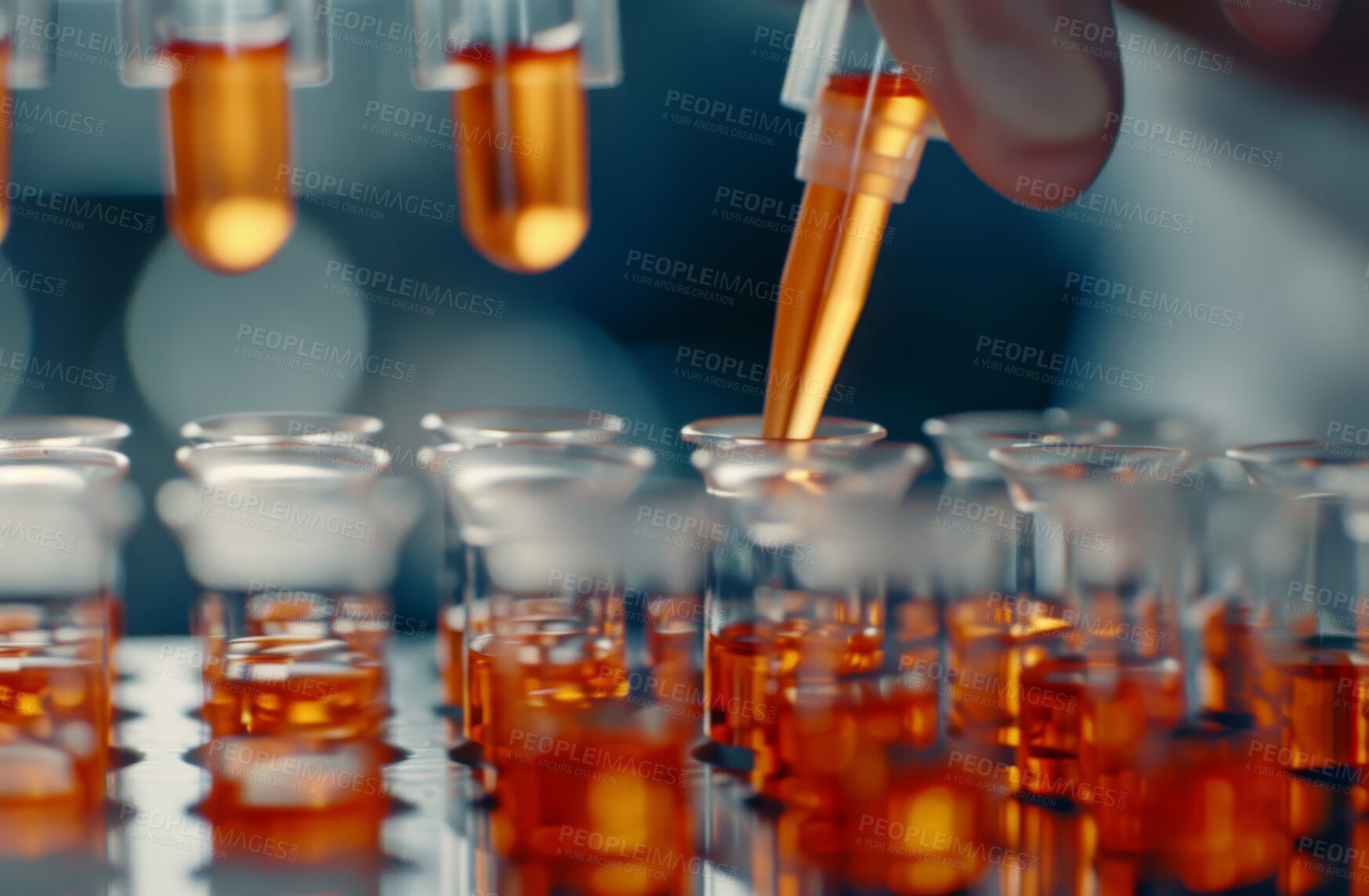 Buy stock photo Hand, dropper and test tube with drug, development and laboratory research for medicine or healthcare. Glass, science and discovery for life extension, biotechnology and pharmaceutical chemistry