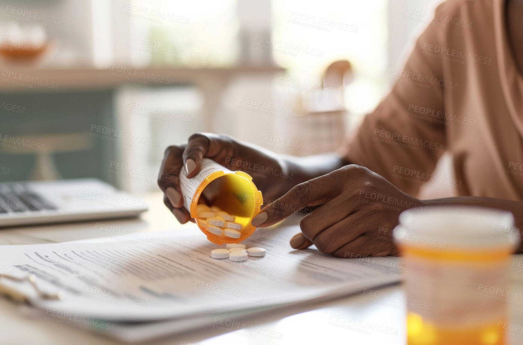 Buy stock photo Hands, document and medication bottle or pill agreement for life extension trail, anti aging or help. Person, paperwork and home with drug supplements or healthcare, clinical study or research