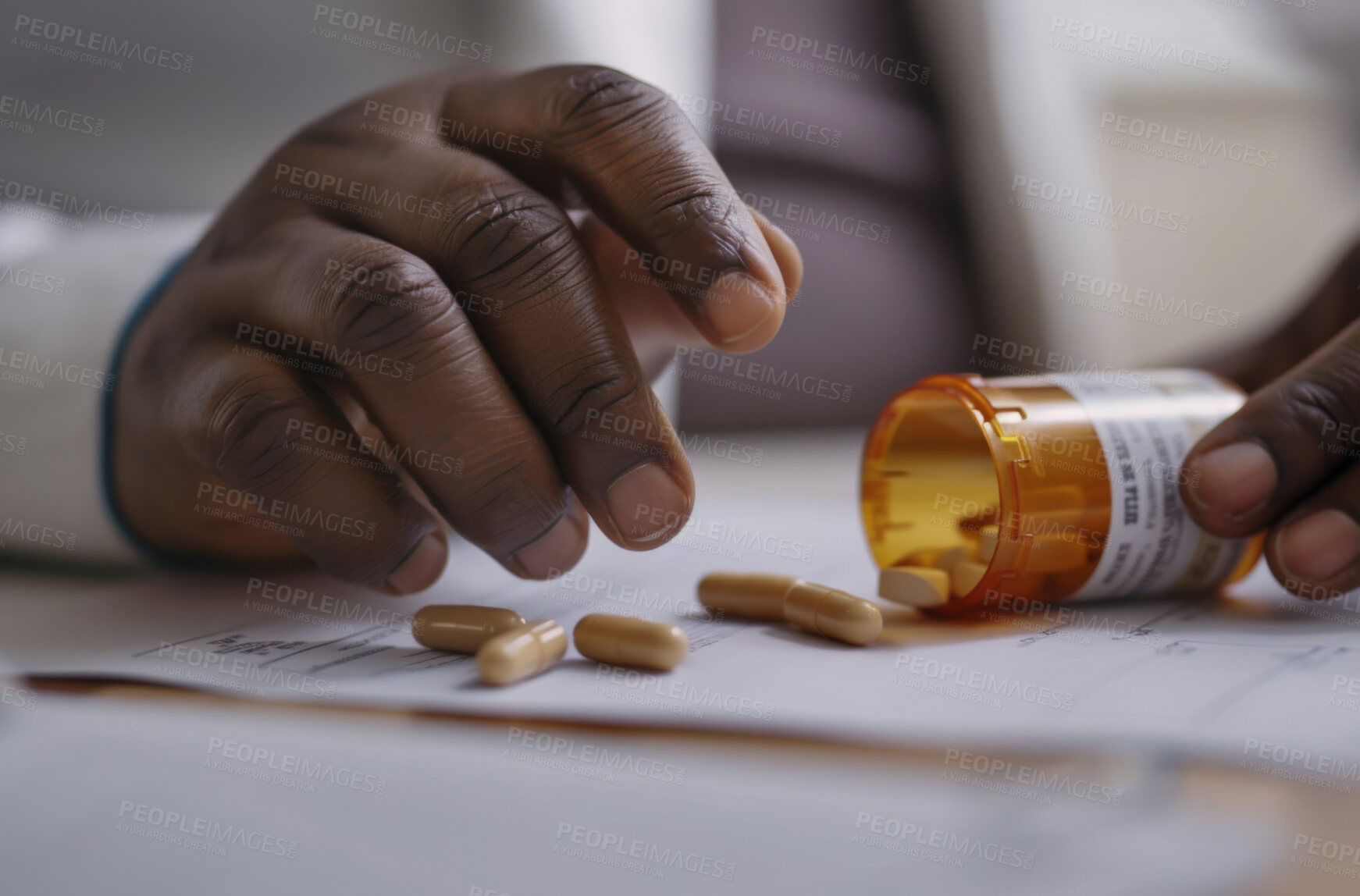 Buy stock photo Person, hands and closeup with pills or paper for diagnosis for life extension trail or longevity, anti aging or clinical. Medication, fingers and container or health paperwork, documents or research