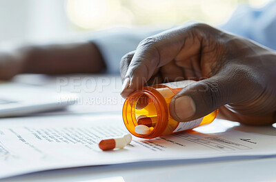 Hands, pill bottle and document or health prescription for life extension trail or agreement, contract or clinical study. Person, medication and container with paperwork, pharmaceutical or research
