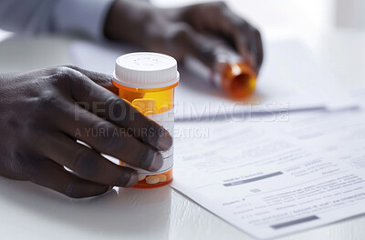 Hands, document and prescription bottle or pill agreement for life extension trail, anti aging or experiment. Person, paperwork and drug supplements with pharmaceutical clinical study or research