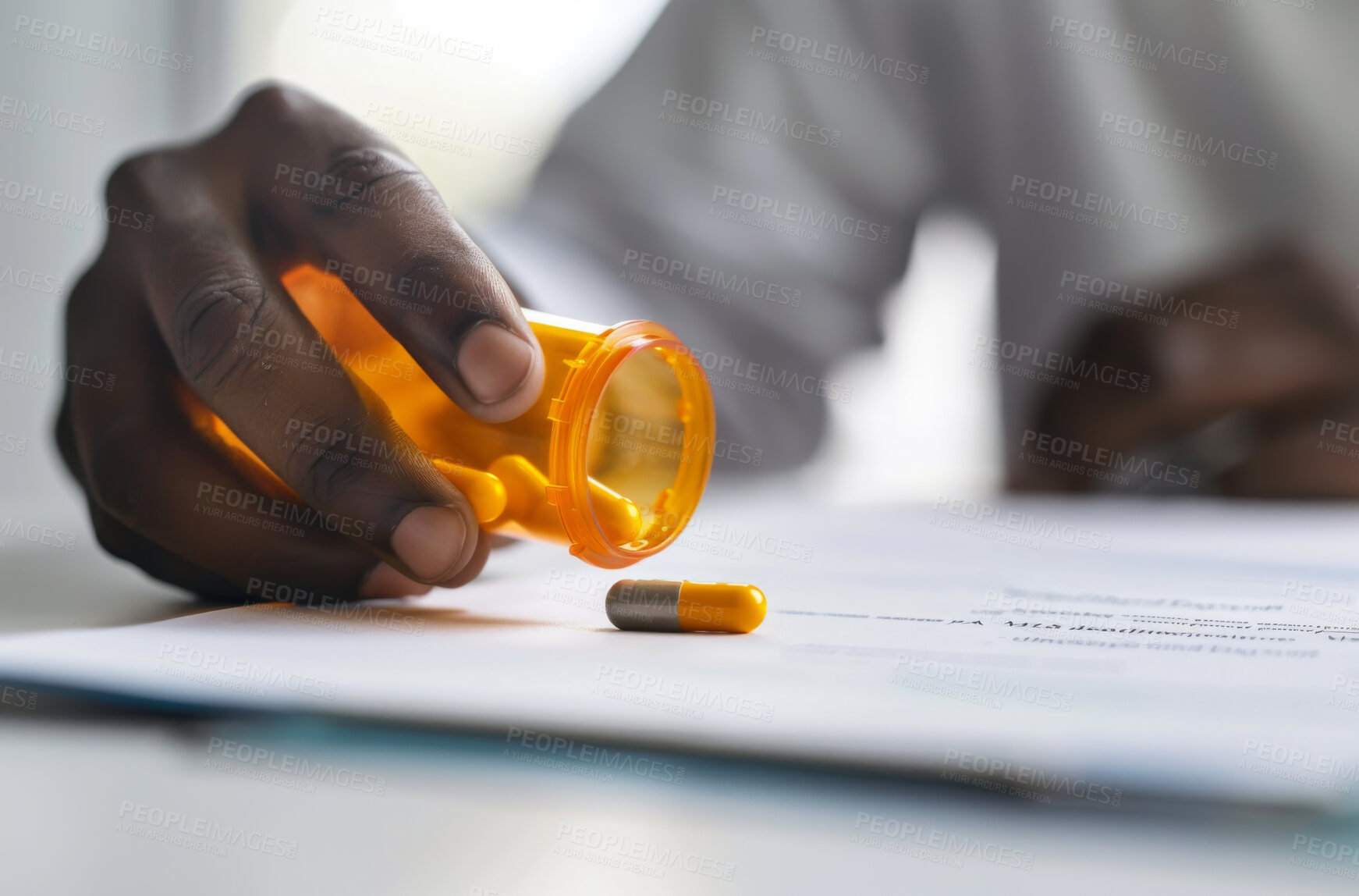 Buy stock photo Hands, document and prescription bottle or tablet agreement for life extension trail, anti aging or experiment. Person, paperwork and drug supplements with pharmaceutical clinical study or research