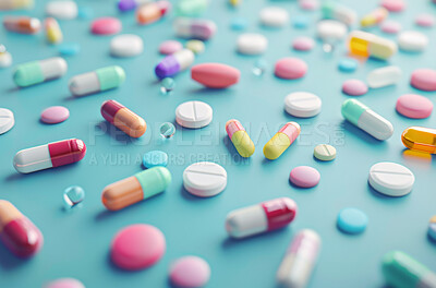 Medication, colorful and pill capsules in studio for weightloss, recovery or sickness medicine. Vitamins, healthcare and medical tablets for life extension drugs, healing or illness on blue surface.