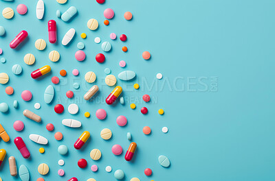 Tablet, colorful pill and capsule or medication with mockup for healthcare, weight loss medicine and healing. Life extension drugs, vitamins and medical treatment for anti aging on blue background