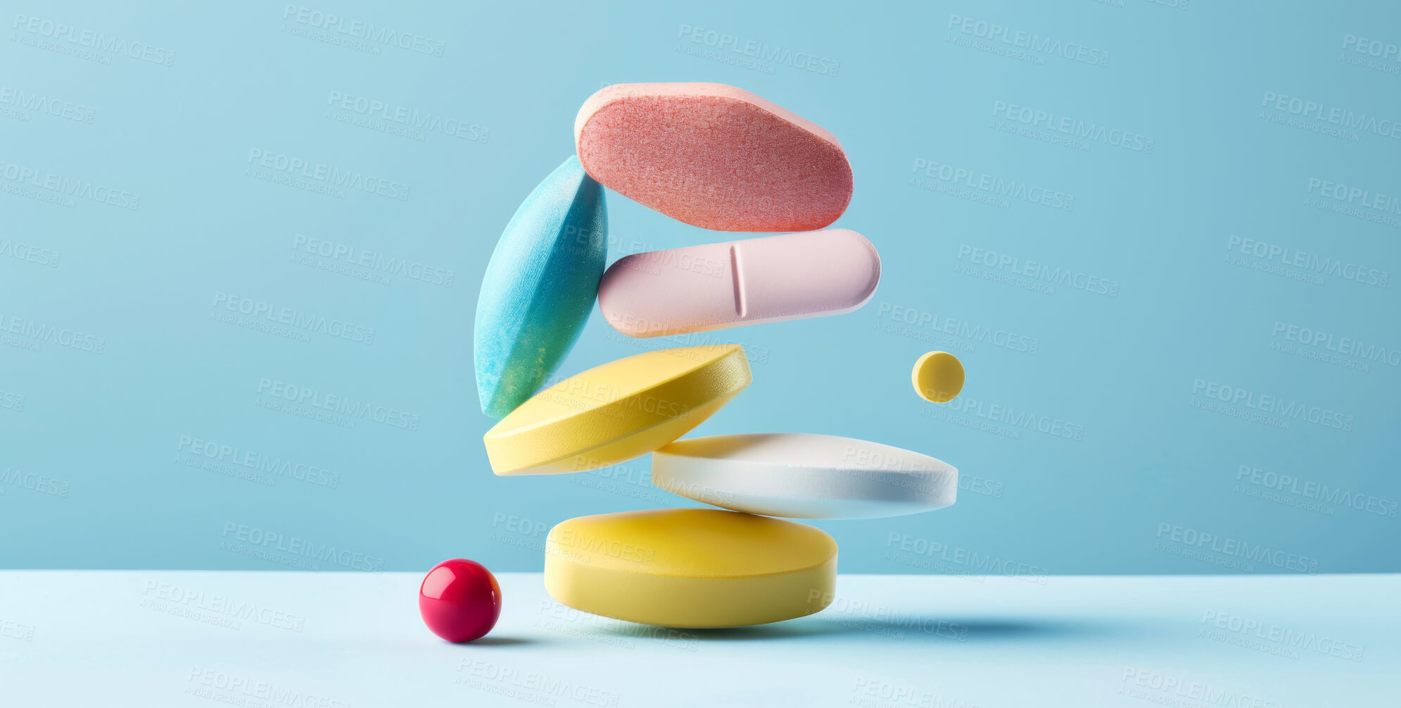 Buy stock photo Medicine, colorful and stack of pills in studio for weightloss, recovery or sickness medication. Vitamins, healthcare and medical tablets for life extension drugs or illness by blue background.