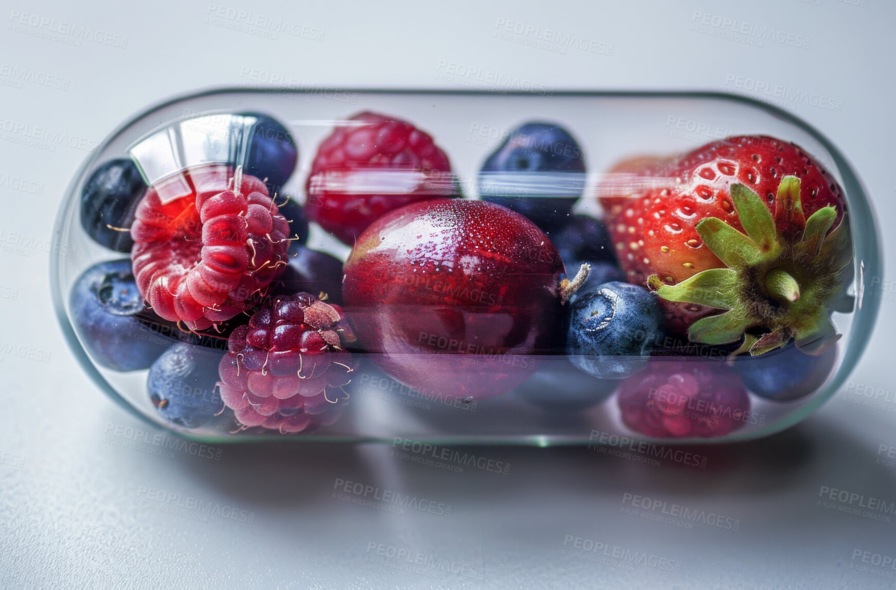 Buy stock photo Fruit, capsule and diet for vitamins, health and nutrition with natural green pill. Organic food, vegetable and tablet for wellness, minerals and healthcare with balance for weight, protein or energy