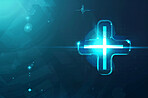 Health, hologram and icon with futuristic wellness and medical aid sign with blue background. Virtual, light and technology with healthcare, medic and telehealth tech symbol with mockup space