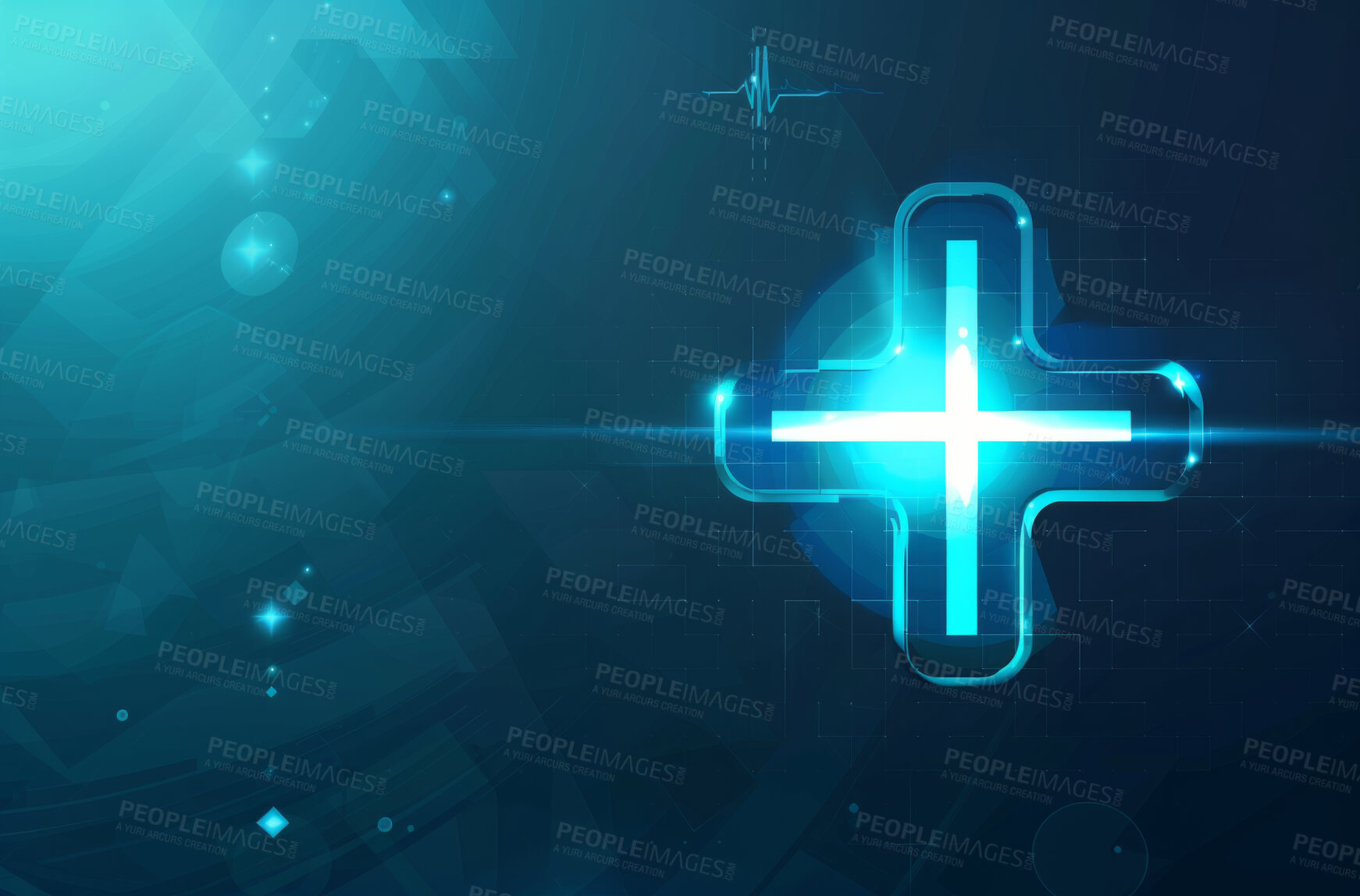 Buy stock photo Health, hologram and icon with futuristic wellness and medical aid sign with blue background. Virtual, light and technology with healthcare, medic and telehealth tech symbol with mockup space