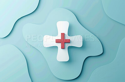 Medical, symbol and plus sign for safety with health insurance, service and medicine. Emergency, hospital and healthcare emoji for clinic, pharmacy and medical aid security by blue background.