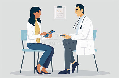 Technology, medical and patient with doctor for consultation in hospital with cartoon effect. Advice, professional and illustration of healthcare worker talking to woman for diagnosis in clinic.