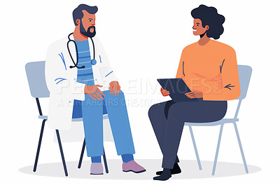 Technology, healthcare and patient with doctor for consultation in hospital with cartoon effect. Advice, professional and illustration of medical worker talking to woman for diagnosis in clinic.