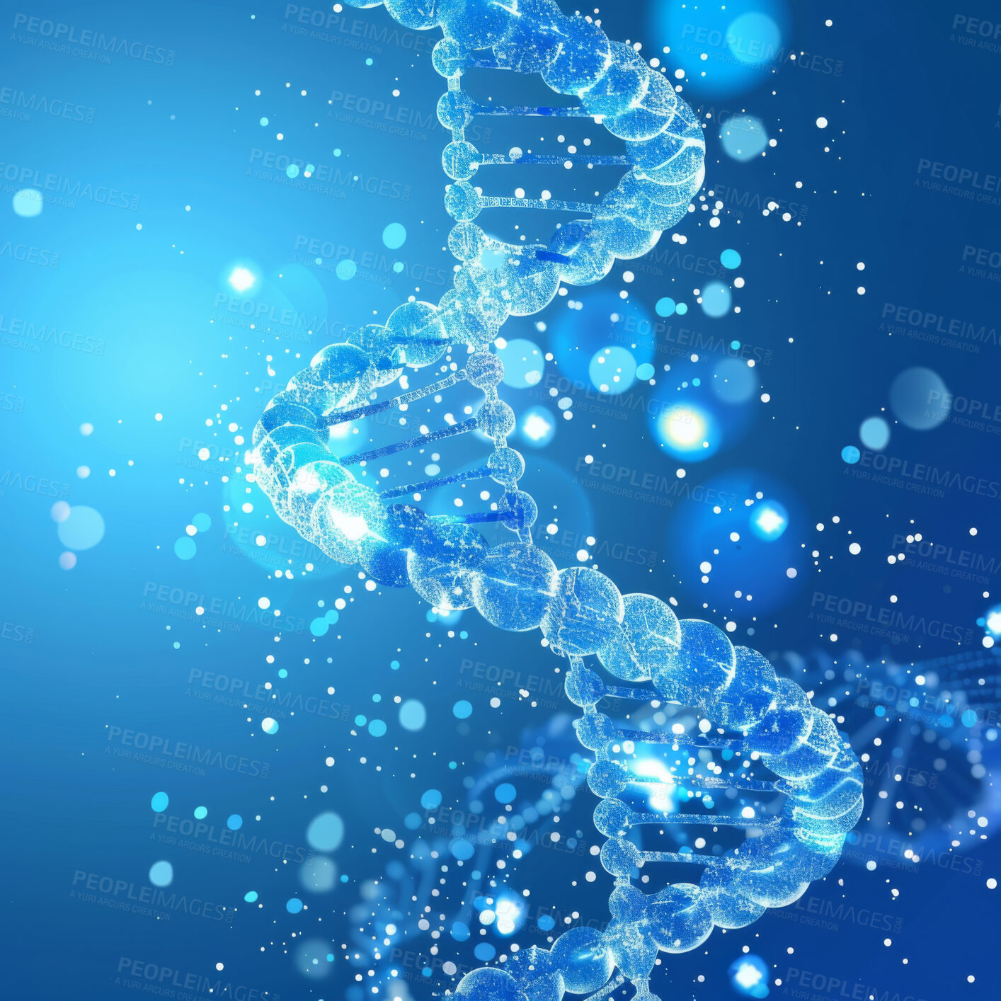 Buy stock photo Abstract, double helix and genetic dna for science, rna and molecular molecules for evolution and mutation. Biotechnology, stem and genome with transcription, nucleotide studies for research