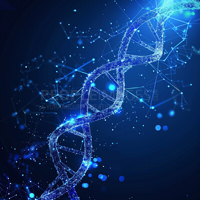 Buy stock photo Dna, helix and stem for genetic or science mutation with futuristic development in biology. Double, string and nucleotide  with cells or rna for virus or disease on research, molecules or biomolecule