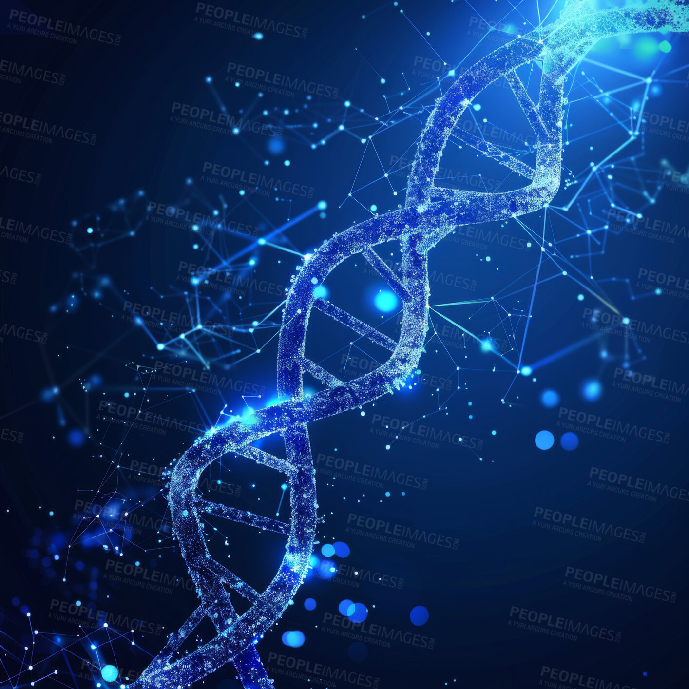 Buy stock photo Dna, helix and stem for genetic or science mutation with futuristic development in biology. Double, string and nucleotide  with cells or rna for virus or disease on research, molecules or biomolecule