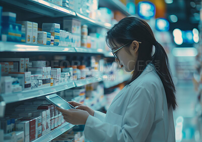 Healthcare, pharmacist or asian woman with tablet for prescription of medicine, pills and supplements on shelves. Pharmaceutical, inspection and chemistry as drugstore, tech or internet for checklist