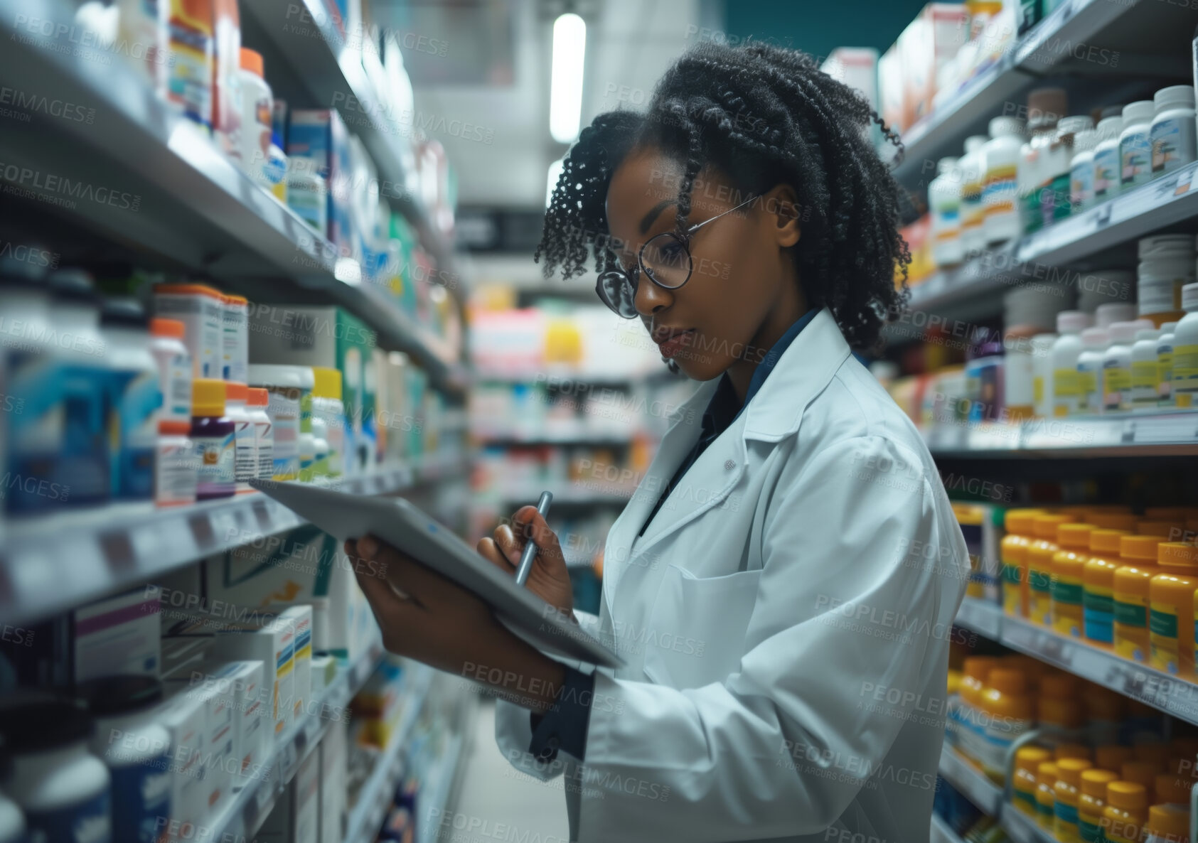 Buy stock photo Healthcare, pharmacist or black woman with tablet for prescription of medicine, pills and supplements on shelves. Pharmaceutical, chemistry or pharmacy as drugstore, tech or internet for check



