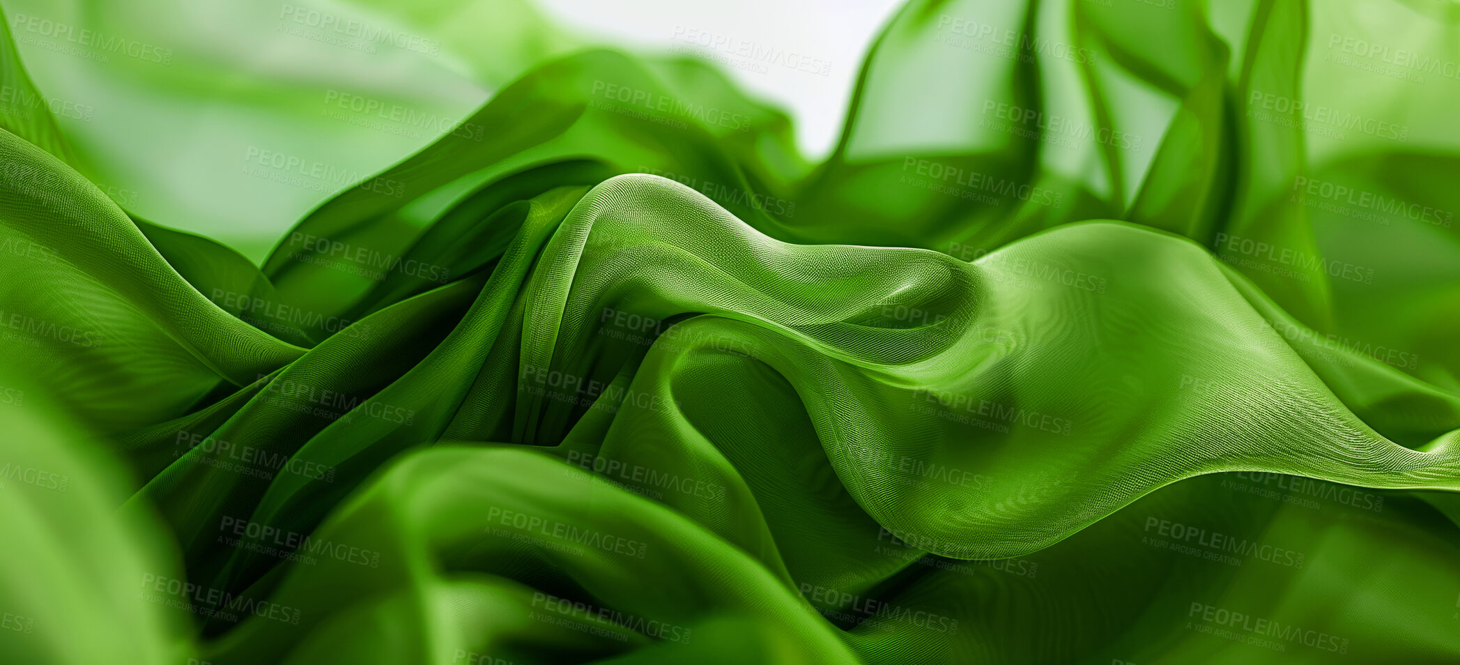 Buy stock photo Fabric, background and green abstract and wavy, material and cloth for creative design with folds in chiffon silk. Textile, wallpaper or flow for art, synthetic and pattern with delicate texture