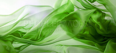 Buy stock photo Fabric, background and green abstract with flow, material and cloth for creative design with folds in chiffon silk. Textile, wallpaper for art, wavy wind or pattern for clothing and delicate texture