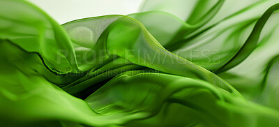 Fabric, background and green abstract with flow, material and cloth for creative design with folds in chiffon silk. Synthetic, wallpaper and flow for art, pattern for clothing and delicate texture