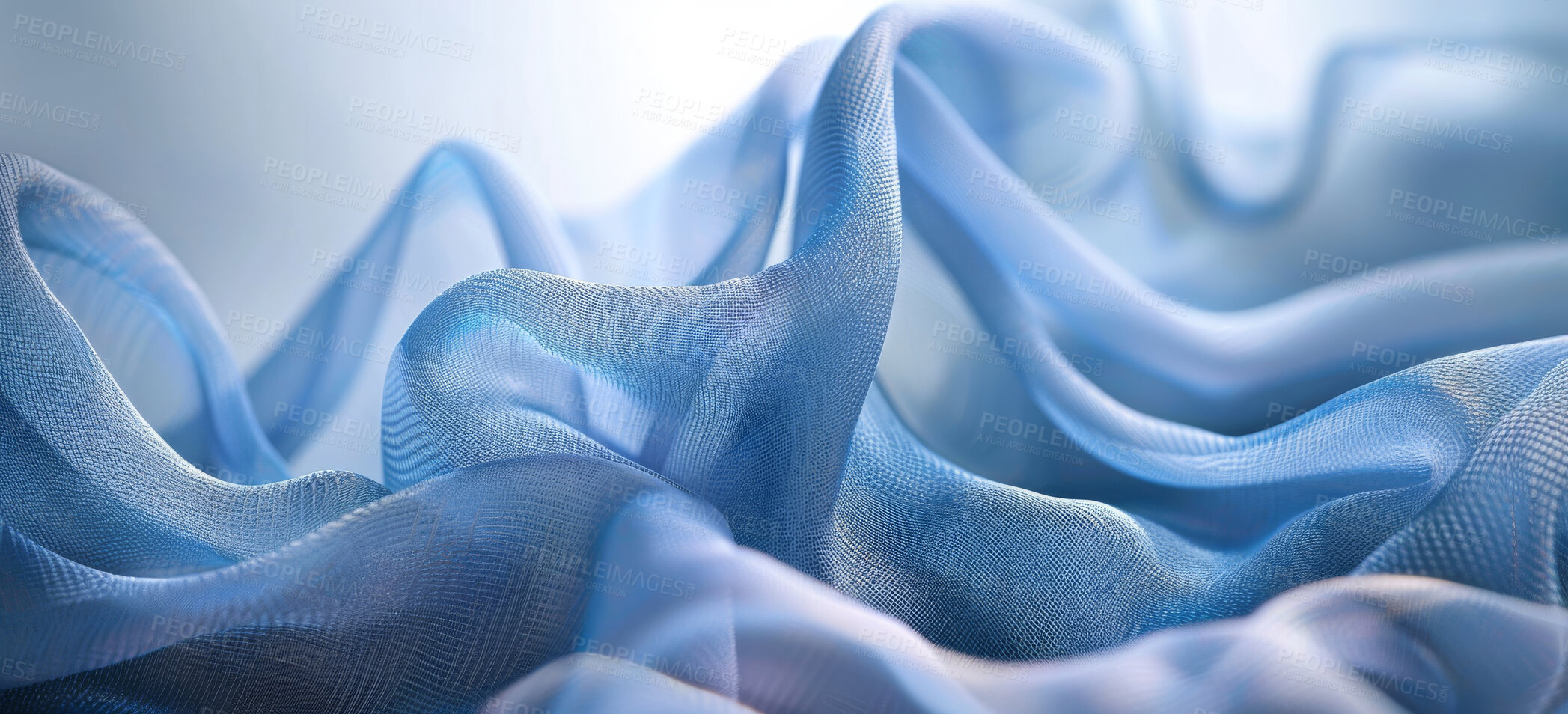 Buy stock photo Abstract, background and blue fabric for texture, wallpaper or wave as artistic and creative design. Banner, color and swirl with material, pattern or soft textile closeup for flowing backdrop