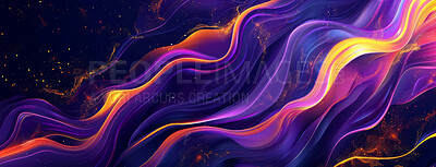 Neon, color and abstract texture or waves on black background for banner, wallpaper or screen saver. Purple, glow and vaporwave for light or pattern, digital network and creative, graphic and design.
