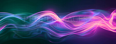 Neon, light and abstract pattern or waves on black background for banner, wallpaper or screen saver. Purple, blue and vaporwave for texture or connection, digital smoke and design for technology.