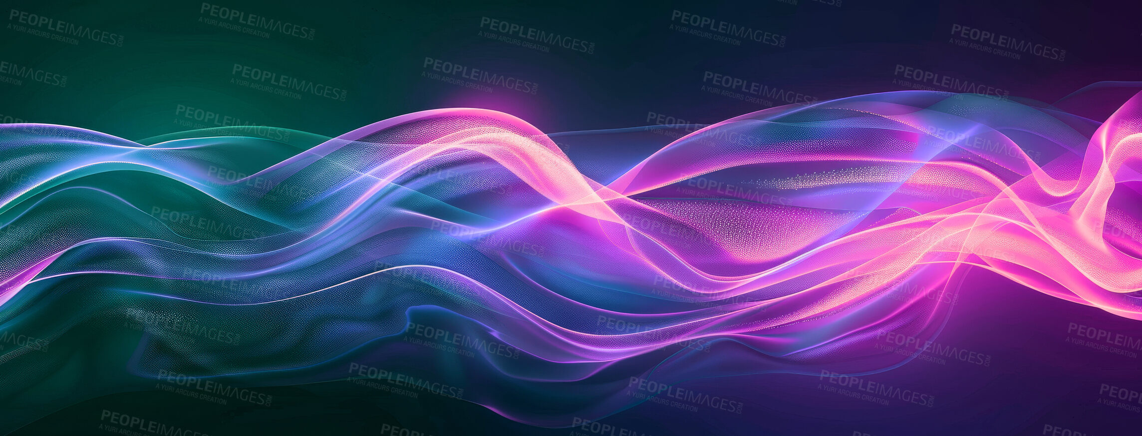 Buy stock photo Neon, light and abstract pattern or waves on black background for banner, wallpaper or screen saver. Purple, blue and vaporwave for texture or connection, digital smoke and design for technology.