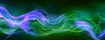 Buy stock photo Abstract, lines and wave with flow for wallpaper with design for art with banner. Creative, geometric and texture for background with green, purple and pattern with motion for swirl in concept