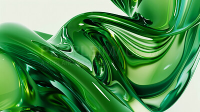 Design, abstract and metallic green wave with color for wallpaper, shape and artistic background. Graphic, art and texture of fluid with fold to flow for creative, artwork and iridescent material