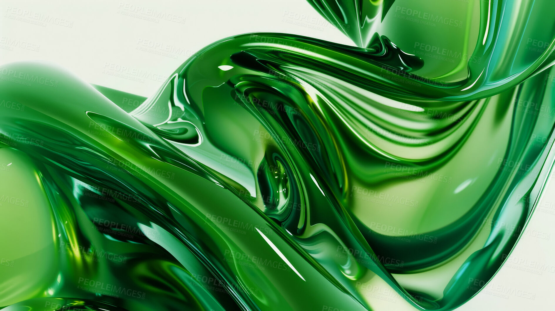 Buy stock photo Design, abstract and metallic green wave with color for wallpaper, shape and artistic background. Graphic, art and texture of fluid with fold to flow for creative, artwork and iridescent material