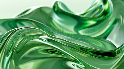 Art, abstract and metallic green wave with color for wallpaper, texture or artistic background. Graphic, design and pattern of fluid with fold to flow for artwork, creative or shape of shiny material