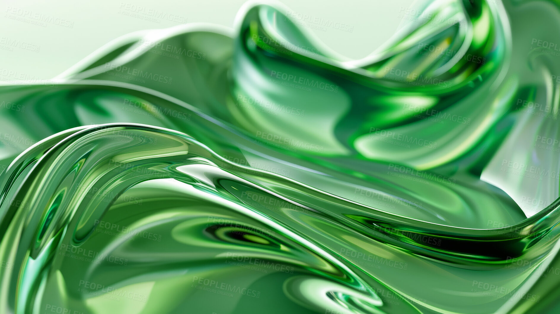 Buy stock photo Art, abstract and metallic green wave with color for wallpaper, texture or artistic background. Graphic, design and pattern of fluid with fold to flow for artwork, creative or shape of shiny material