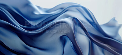 Buy stock photo Abstract, background and liquid blue pattern for texture, wallpaper or wave as artistic and creative design. Banner, color and flow with fabric, material or textile closeup for swirl backdrop