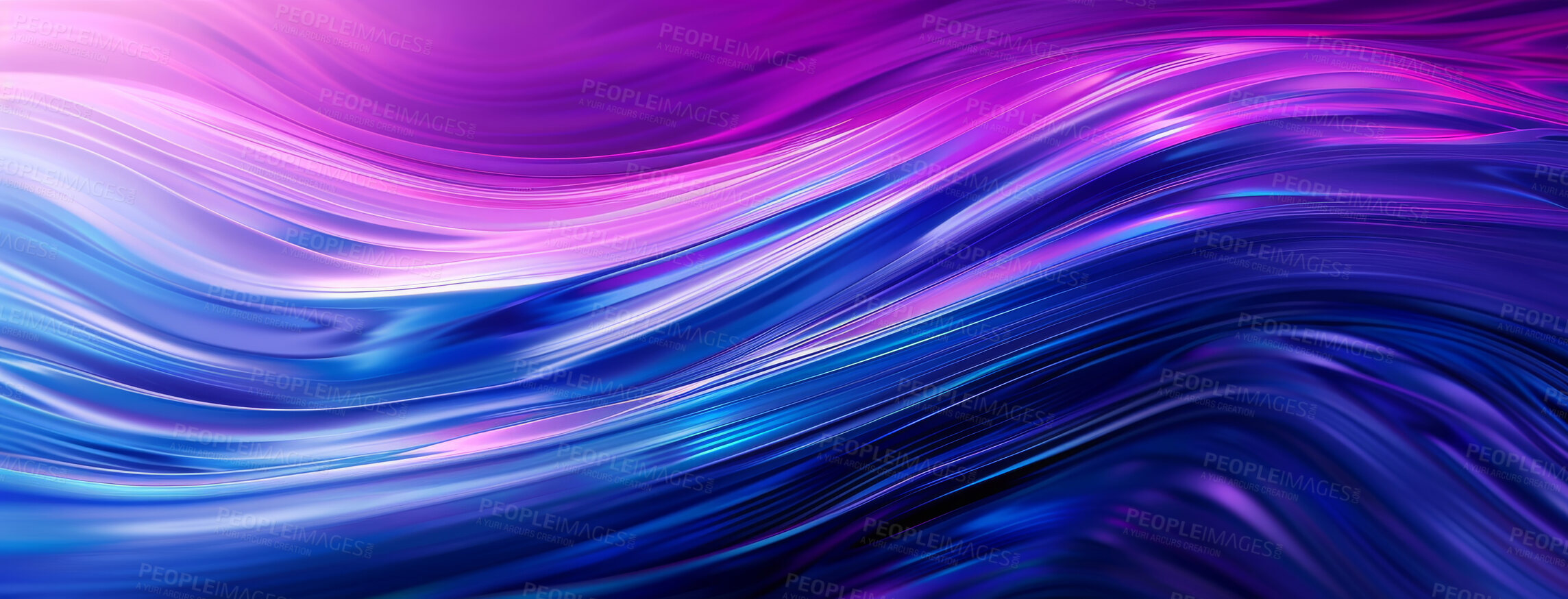 Buy stock photo Neon, color, and texture or pattern of waves for abstract wallpaper, screen saver and banner with metallic glow. Shiny, purple and blue design for digital flow or connection with multicolor foil.