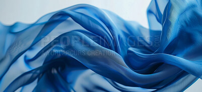 Abstract, background and flowing blue material for texture, wallpaper or wave as artistic and creative design. Banner, color and pattern with fabric, swirl or textile closeup for fluid backdrop