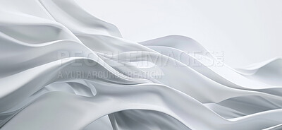 Buy stock photo Abstract, silk and wave with white, background and art with 3d render for wallpaper or banner. Creative, artistic and design with cloth, ripple or linen for luxurious textile and dynamic graphic