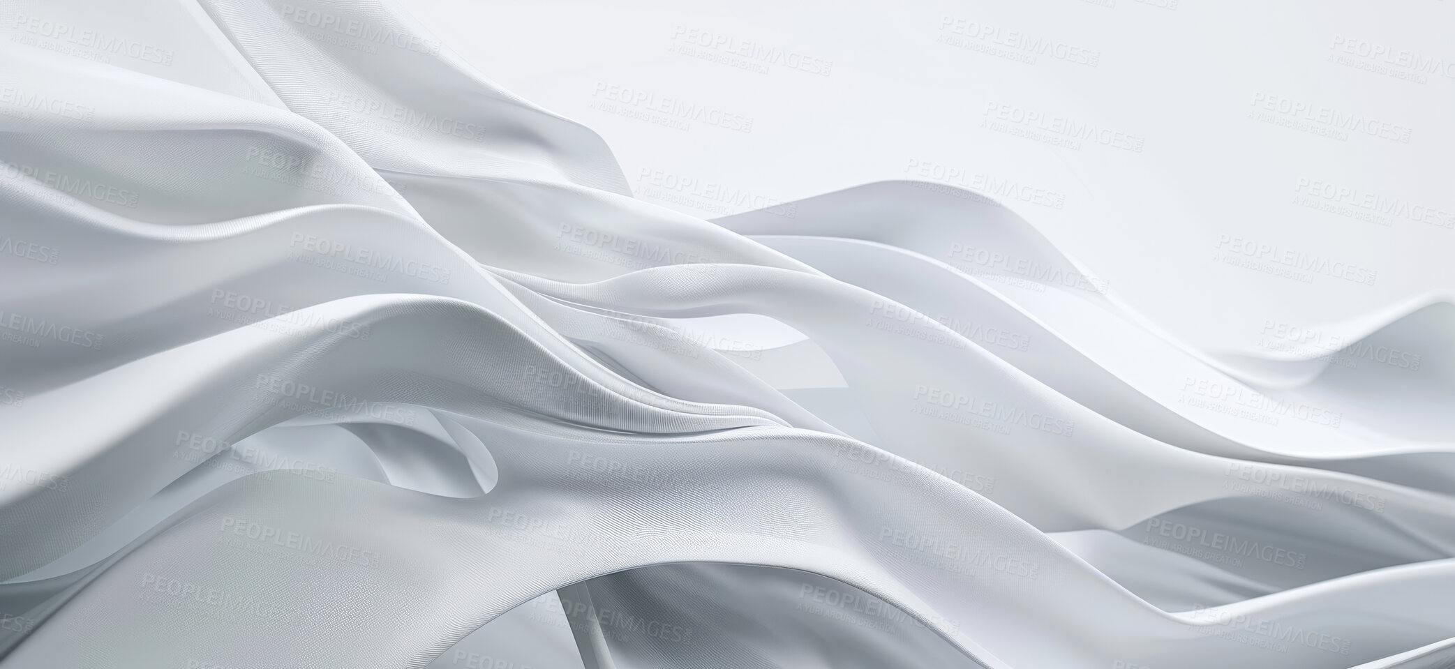 Buy stock photo Abstract, silk and wave with white, background and art with 3d render for wallpaper or banner. Creative, artistic and design with cloth, ripple or linen for luxurious textile and dynamic graphic