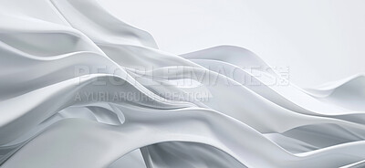 Abstract, silk and wave with white, background and art with 3d render for wallpaper or banner. Creative, artistic and design with cloth, ripple or linen for luxurious textile and dynamic graphic