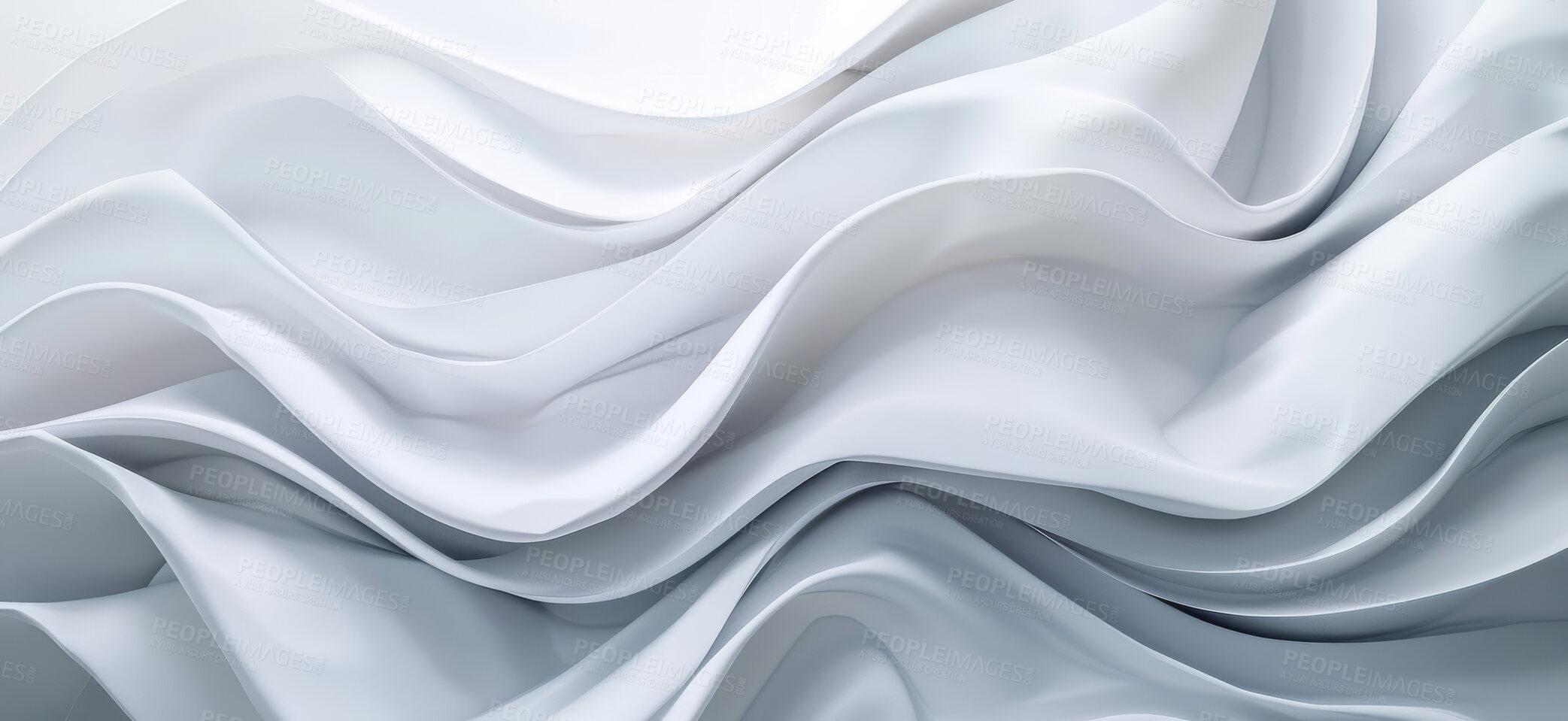 Buy stock photo Abstract, ripple and wave with white background and silk with 3d render for wallpaper or banner. Creative, artistic and design with cloth, art or linen for luxurious textile and dynamic graphic