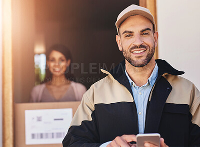 Buy stock photo Portrait of a courier using a cellphone while making a delivery to a customer