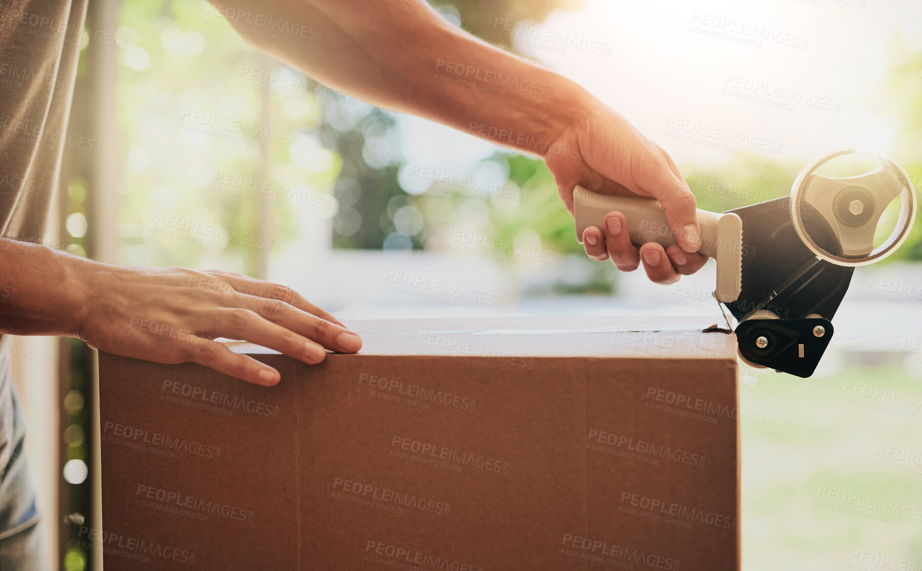 Buy stock photo Box, hands and tape with person packing in new home on moving day for courier shipping or relocation. Cardboard, property and real estate with homeowner in apartment getting ready for storage